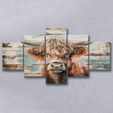 Baby Highland Cow Painted On Wood Rustic Cabin 1, Multi Panel Canvas Print Wall Art Decor, 5 Mixed Panel