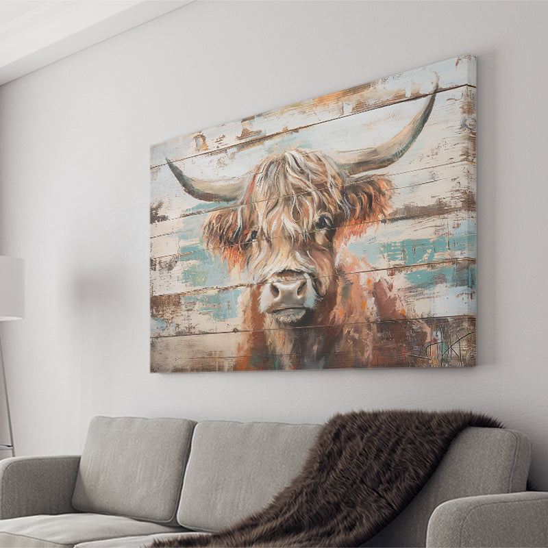Baby Highland Cow Painted On Wood Rustic Cabin 1, Canvas Print Wall Art Decor, Landscape Art Print