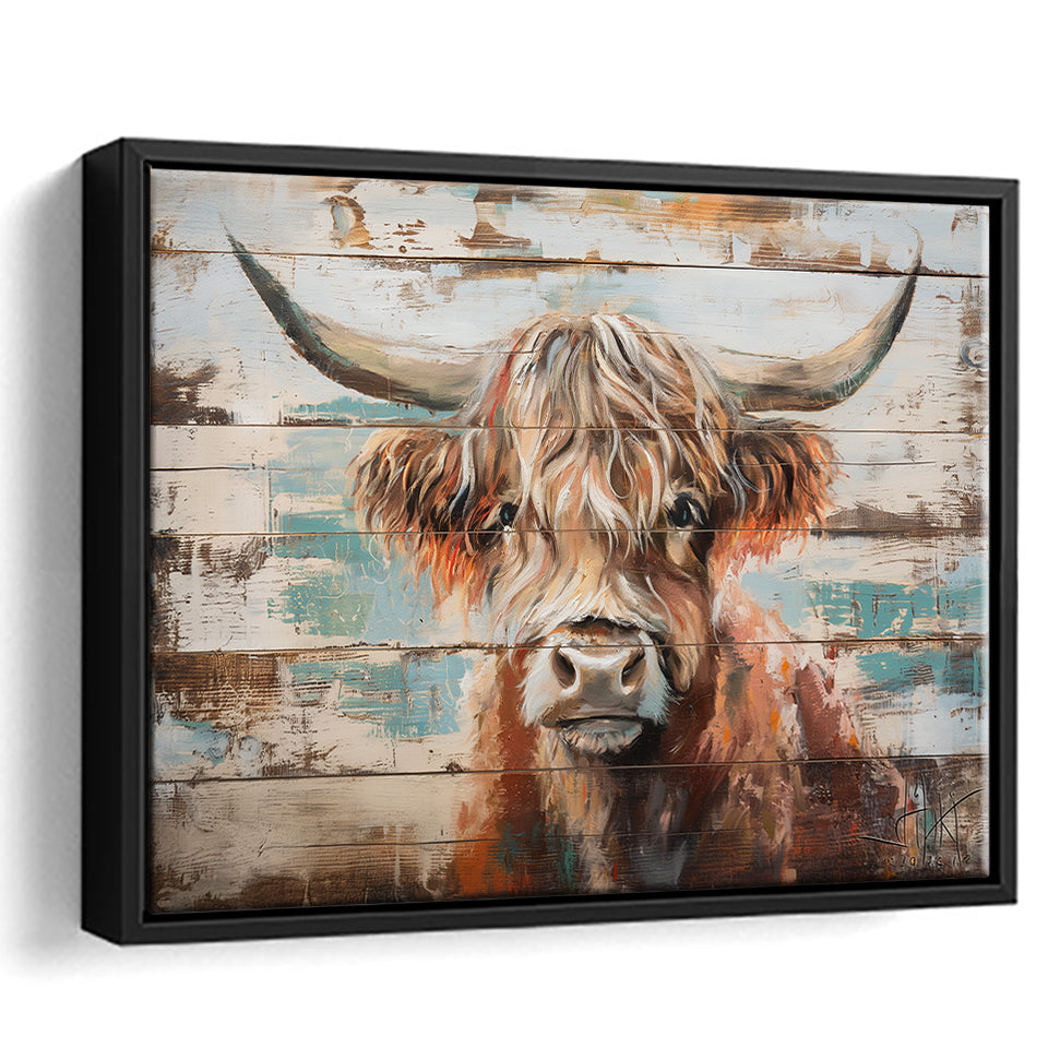 Baby Highland Cow Painted On Wood Rustic Cabin 1, Framed Canvas Print Wall Art Decor,Floating Frame