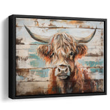 Baby Highland Cow Painted On Wood Rustic Cabin 1, Framed Canvas Print Wall Art Decor,Floating Frame