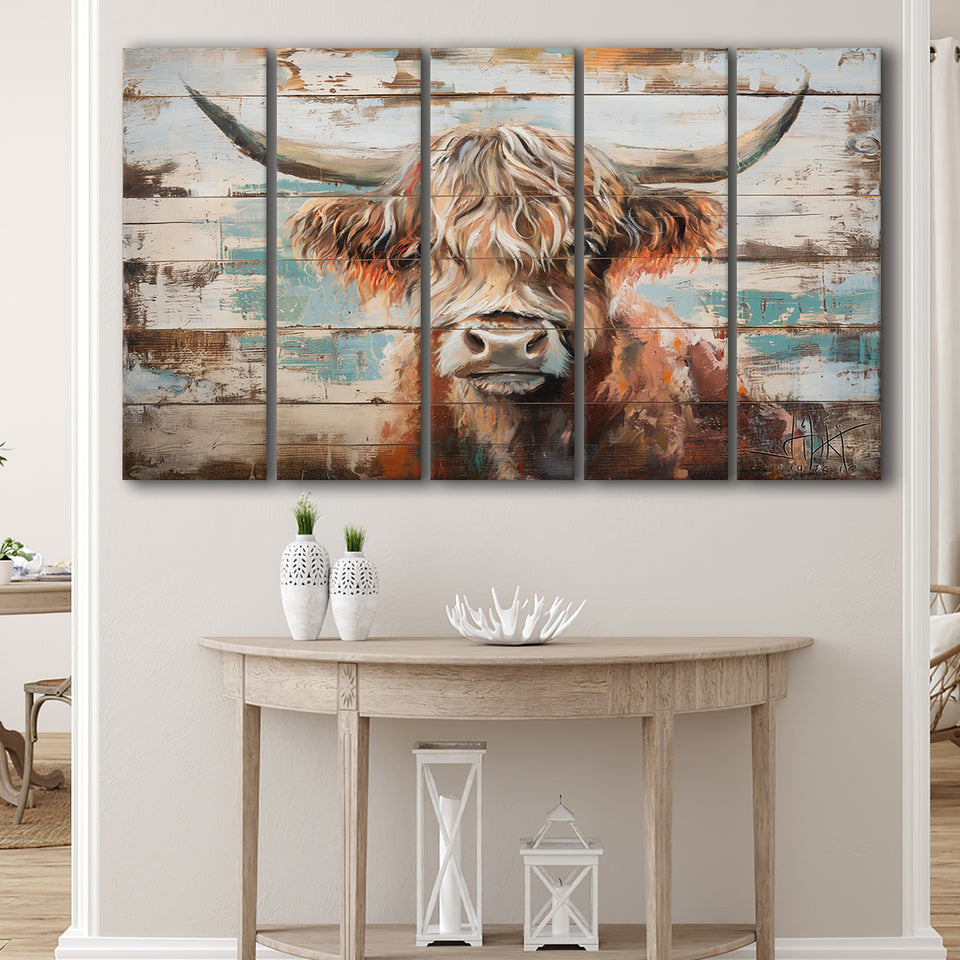 Baby Highland Cow Painted On Wood Rustic Cabin 1, Extra Large Multi 5 Panel Canvas Print Wall Art Decor