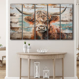 Baby Highland Cow Painted On Wood Rustic Cabin 1, Extra Large Multi 5 Panel Canvas Print Wall Art Decor