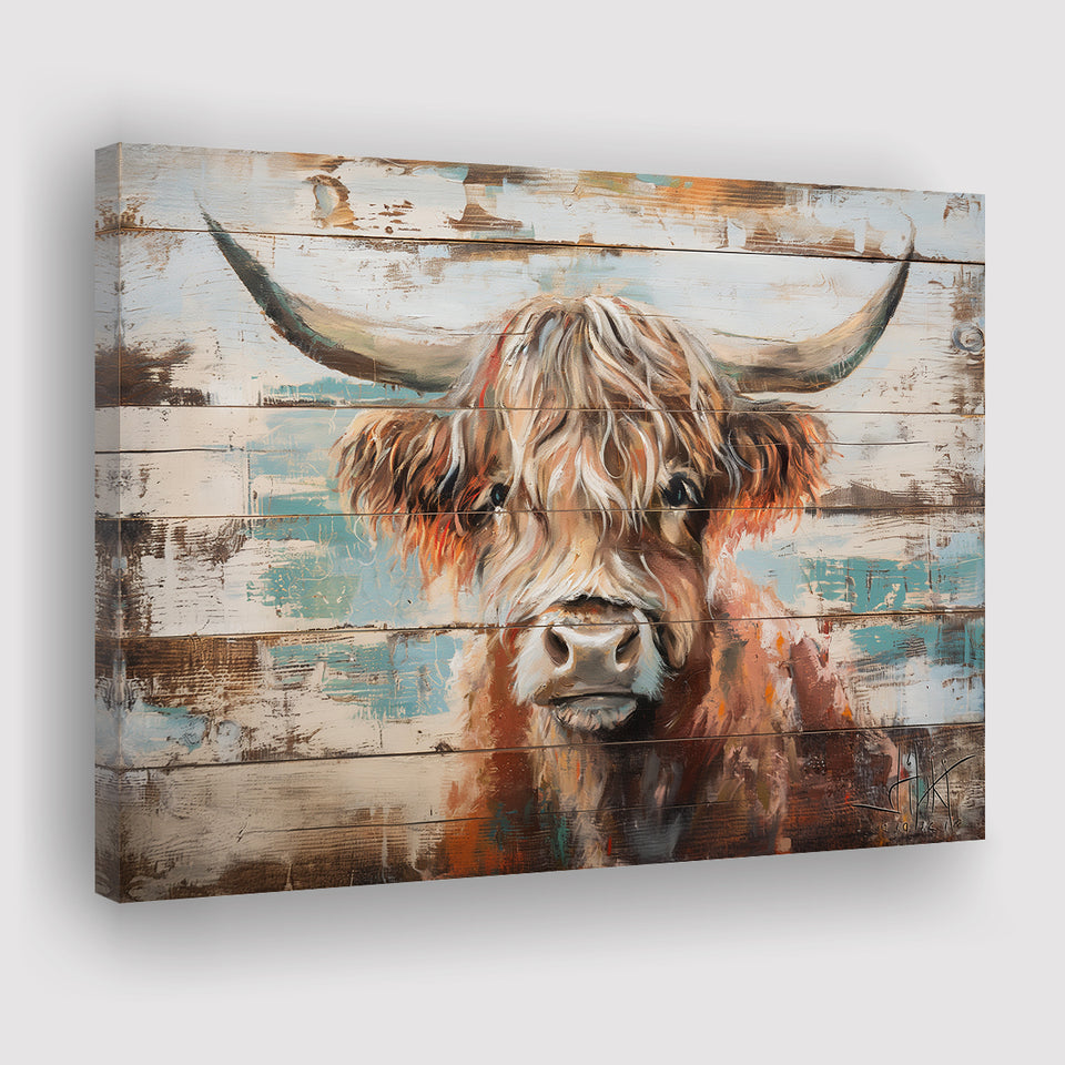 Baby Highland Cow Painted On Wood Rustic Cabin 1, Canvas Print Wall Art Decor, Landscape Art Print