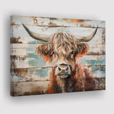 Baby Highland Cow Painted On Wood Rustic Cabin 1, Canvas Print Wall Art Decor, Landscape Art Print