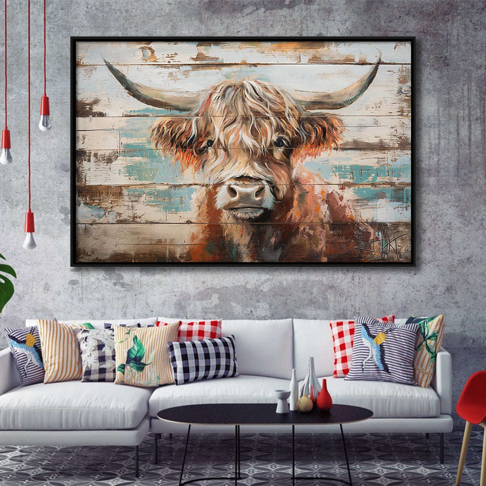 Baby Highland Cow Painted On Wood Rustic Cabin 1, Framed Canvas Print Wall Art Decor,Floating Frame