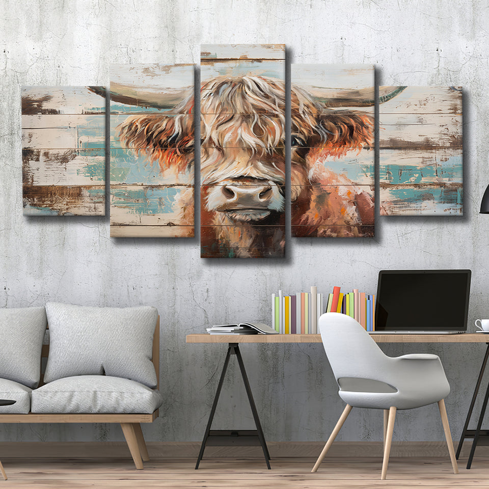 Baby Highland Cow Painted On Wood Rustic Cabin 1, Multi Panel Canvas Print Wall Art Decor, 5 Mixed Panel