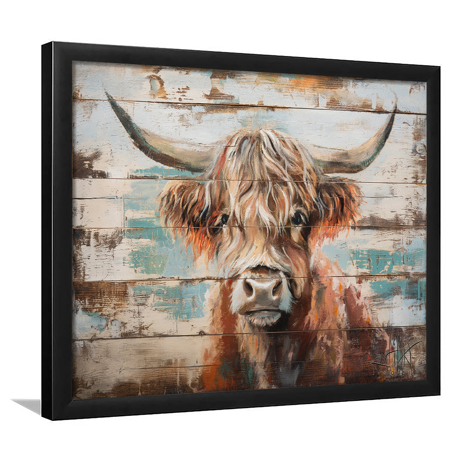 Baby Highland Cow Painted On Wood Rustic Cabin 1, Framed Art Print Wall Decor, Framed Picture