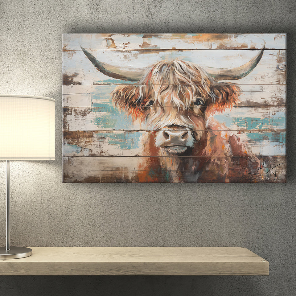 Baby Highland Cow Painted On Wood Rustic Cabin 1, Canvas Print Wall Art Decor, Landscape Art Print