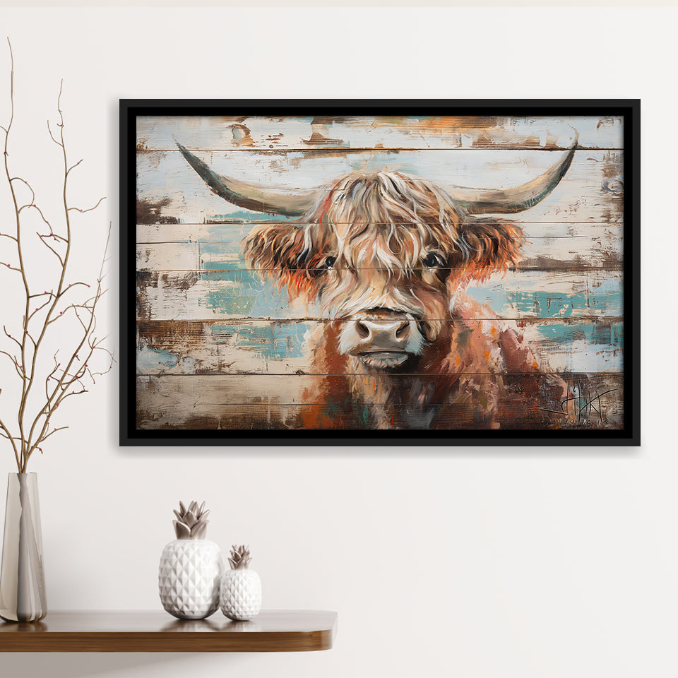 Baby Highland Cow Painted On Wood Rustic Cabin 1, Framed Canvas Print Wall Art Decor,Floating Frame
