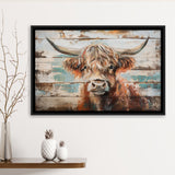 Baby Highland Cow Painted On Wood Rustic Cabin 1, Framed Canvas Print Wall Art Decor,Floating Frame