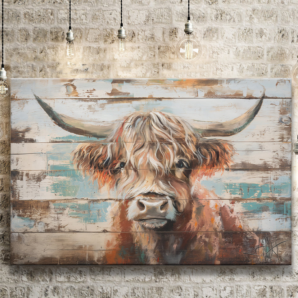 Baby Highland Cow Painted On Wood Rustic Cabin 1, Canvas Print Wall Art Decor, Landscape Art Print