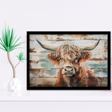 Baby Highland Cow Painted On Wood Rustic Cabin 1, Framed Art Print Wall Decor, Framed Picture