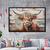 Baby Highland Cow Painted On Wood Rustic Cabin 1, Framed Art Print Wall Decor, Framed Picture