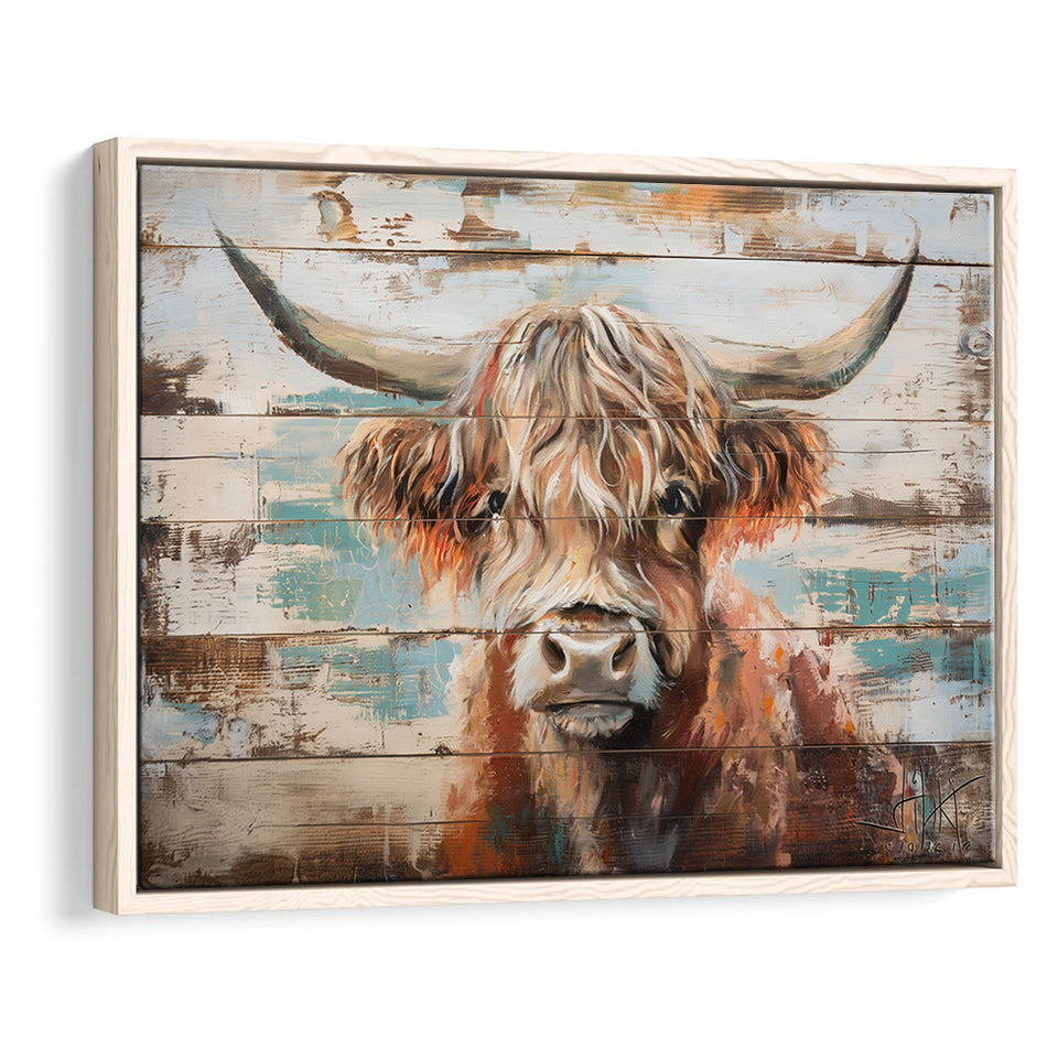 Baby Highland Cow Painted On Wood Rustic Cabin 1, Framed Canvas Print Wall Art Decor,Floating Frame