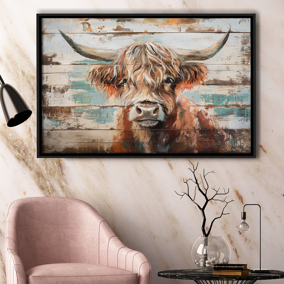 Baby Highland Cow Painted On Wood Rustic Cabin 1, Framed Canvas Print Wall Art Decor,Floating Frame