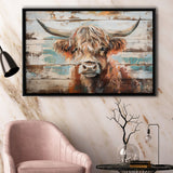 Baby Highland Cow Painted On Wood Rustic Cabin 1, Framed Canvas Print Wall Art Decor,Floating Frame