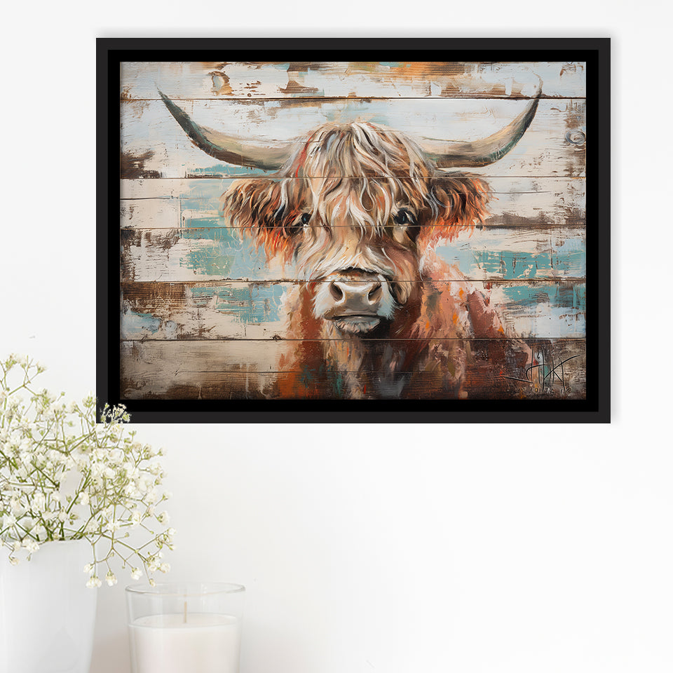 Baby Highland Cow Painted On Wood Rustic Cabin 1, Framed Canvas Print Wall Art Decor,Floating Frame