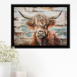 Baby Highland Cow Painted On Wood Rustic Cabin 1, Framed Canvas Print Wall Art Decor,Floating Frame