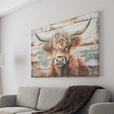 Baby Highland Cow Painted On Wood Rustic Cabin 1, Canvas Print Wall Art Decor, Landscape Art Print