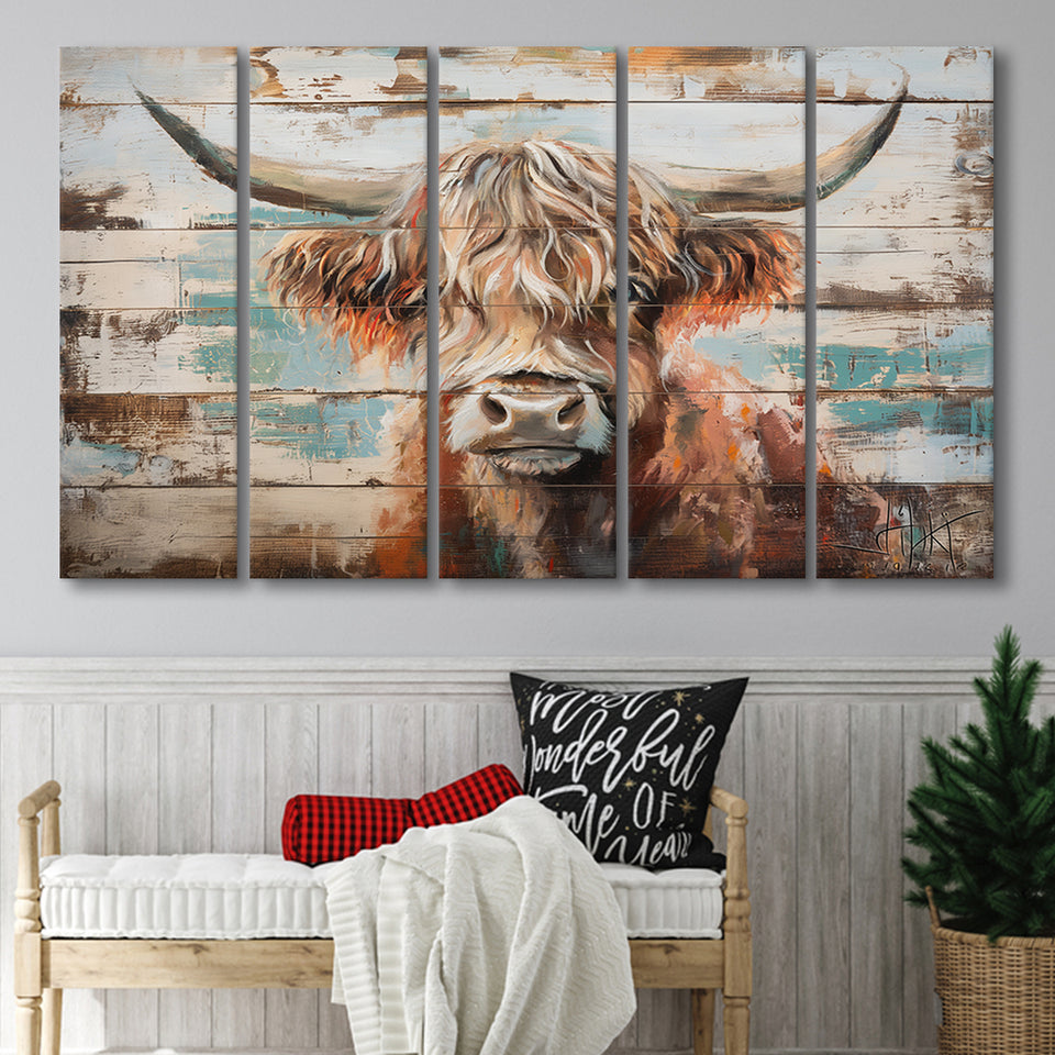 Baby Highland Cow Painted On Wood Rustic Cabin 1, Extra Large Multi 5 Panel Canvas Print Wall Art Decor