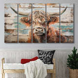 Baby Highland Cow Painted On Wood Rustic Cabin 1, Extra Large Multi 5 Panel Canvas Print Wall Art Decor