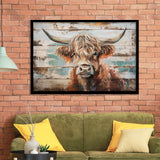 Baby Highland Cow Painted On Wood Rustic Cabin 1, Framed Art Print Wall Decor, Framed Picture
