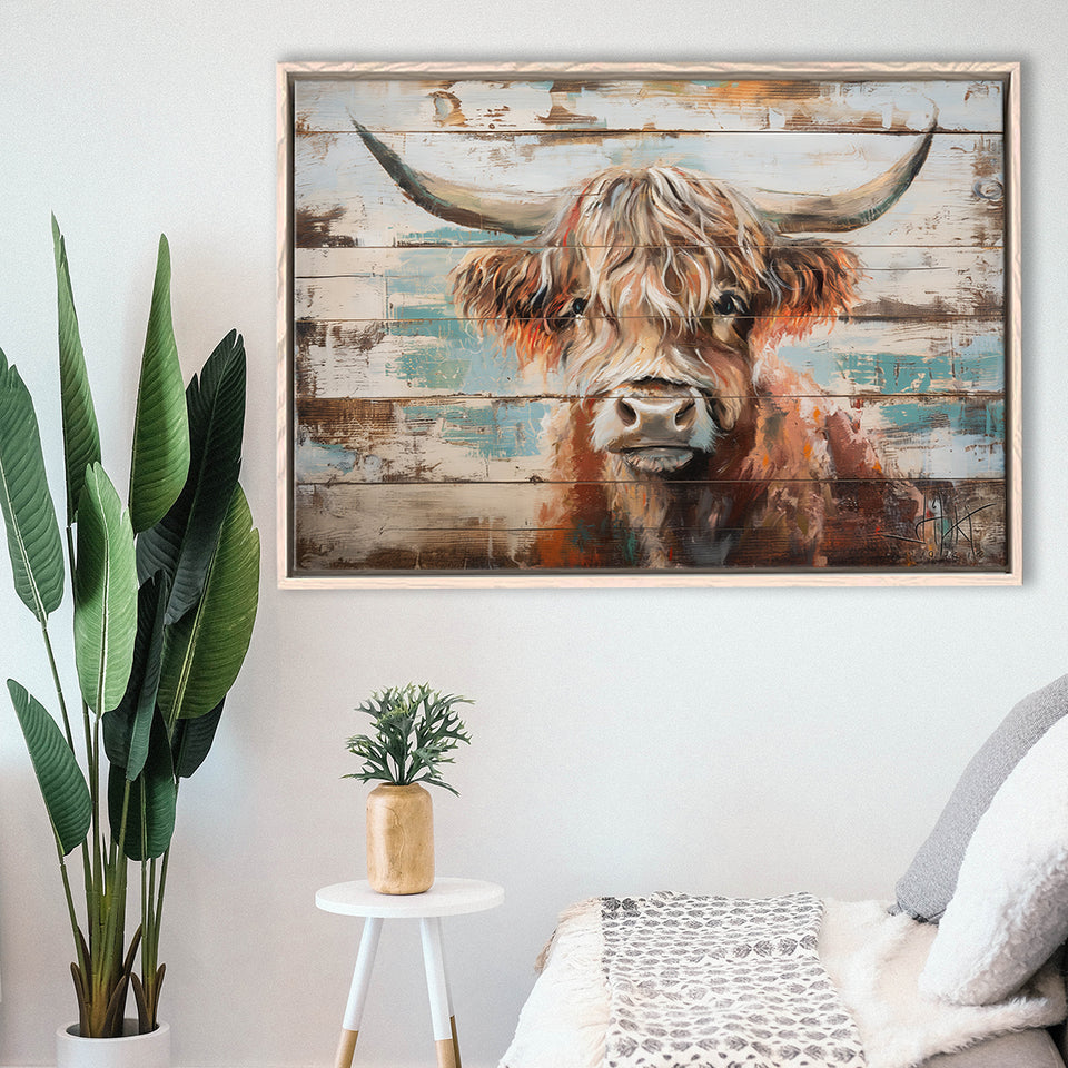 Baby Highland Cow Painted On Wood Rustic Cabin 1, Framed Canvas Print Wall Art Decor,Floating Frame