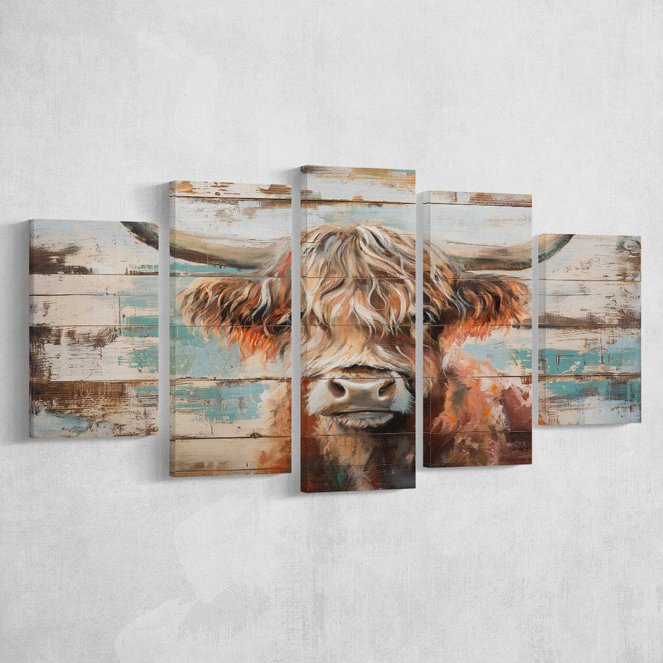 Baby Highland Cow Painted On Wood Rustic Cabin 1, Multi Panel Canvas Print Wall Art Decor, 5 Mixed Panel