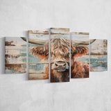 Baby Highland Cow Painted On Wood Rustic Cabin 1, Multi Panel Canvas Print Wall Art Decor, 5 Mixed Panel