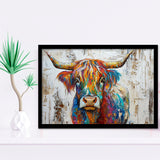 Baby Highland Cow Painted On Wood Rustic Cabin Colorful 2, Framed Art Print Wall Decor, Framed Picture