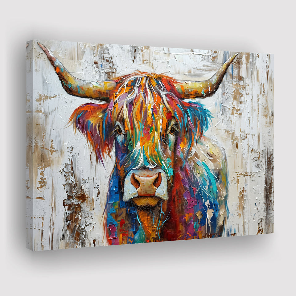 Baby Highland Cow Painted On Wood Rustic Cabin Colorful 2, Canvas Print Wall Art Decor, Landscape Art Print