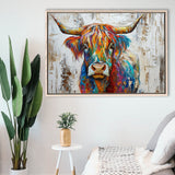 Baby Highland Cow Painted On Wood Rustic Cabin Colorful 2, Framed Canvas Print Wall Art Decor,Floating Frame