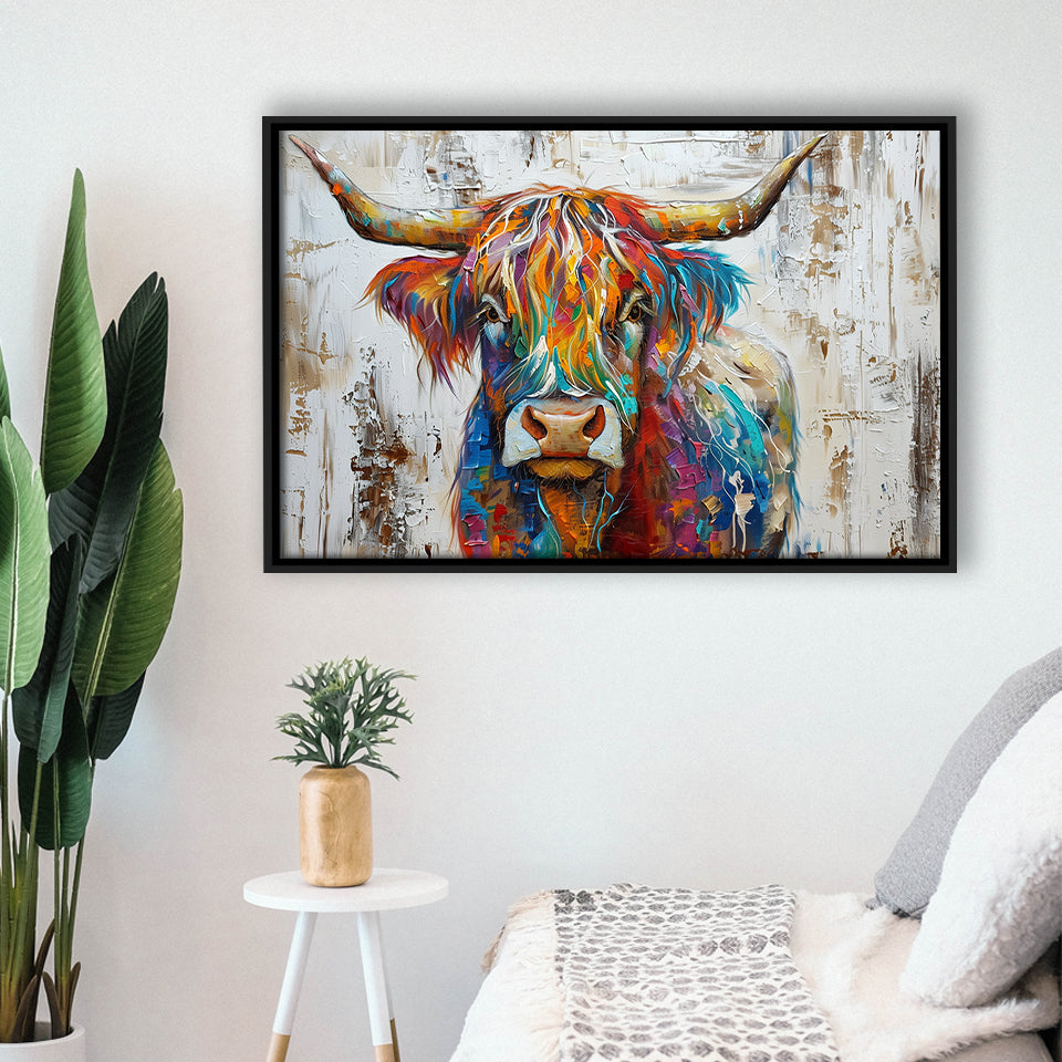 Baby Highland Cow Painted On Wood Rustic Cabin Colorful 2, Framed Canvas Print Wall Art Decor,Floating Frame