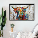 Baby Highland Cow Painted On Wood Rustic Cabin Colorful 2, Framed Canvas Print Wall Art Decor,Floating Frame