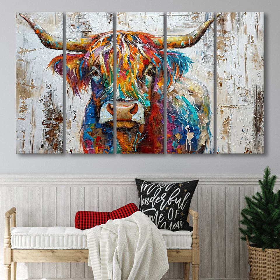 Baby Highland Cow Painted On Wood Rustic Cabin Colorful 2, Extra Large Multi 5 Panel Canvas Print Wall Art Decor