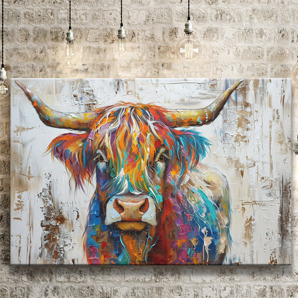Baby Highland Cow Painted On Wood Rustic Cabin Colorful 2, Canvas Print Wall Art Decor, Landscape Art Print
