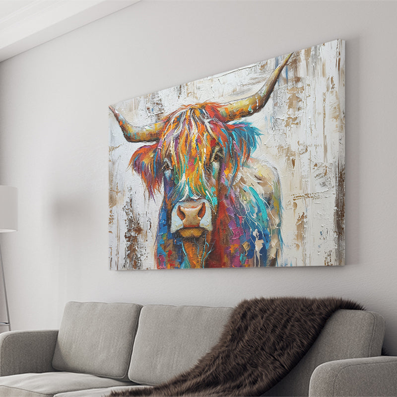 Baby Highland Cow Painted On Wood Rustic Cabin Colorful 2, Canvas Print Wall Art Decor, Landscape Art Print