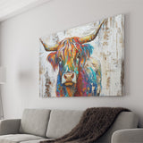 Baby Highland Cow Painted On Wood Rustic Cabin Colorful 2, Canvas Print Wall Art Decor, Landscape Art Print