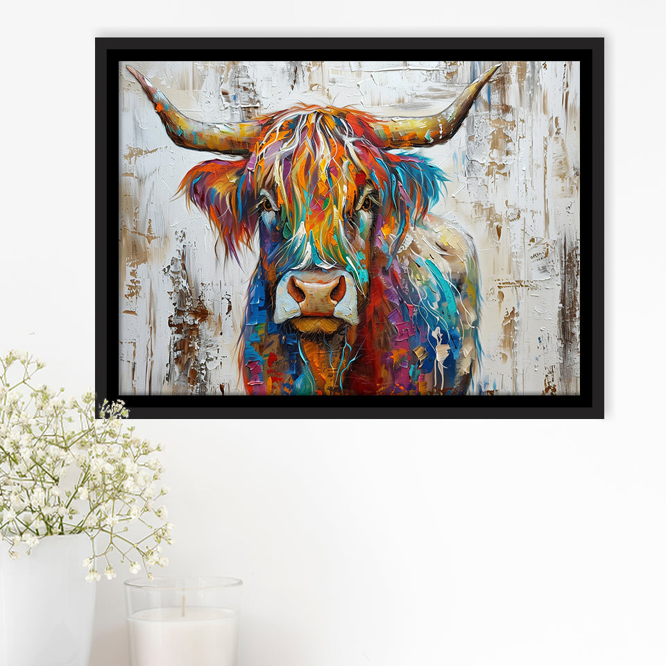 Baby Highland Cow Painted On Wood Rustic Cabin Colorful 2, Framed Canvas Print Wall Art Decor,Floating Frame