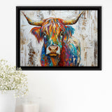 Baby Highland Cow Painted On Wood Rustic Cabin Colorful 2, Framed Canvas Print Wall Art Decor,Floating Frame