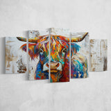 Baby Highland Cow Painted On Wood Rustic Cabin Colorful 2, Multi Panel Canvas Print Wall Art Decor, 5 Mixed Panel
