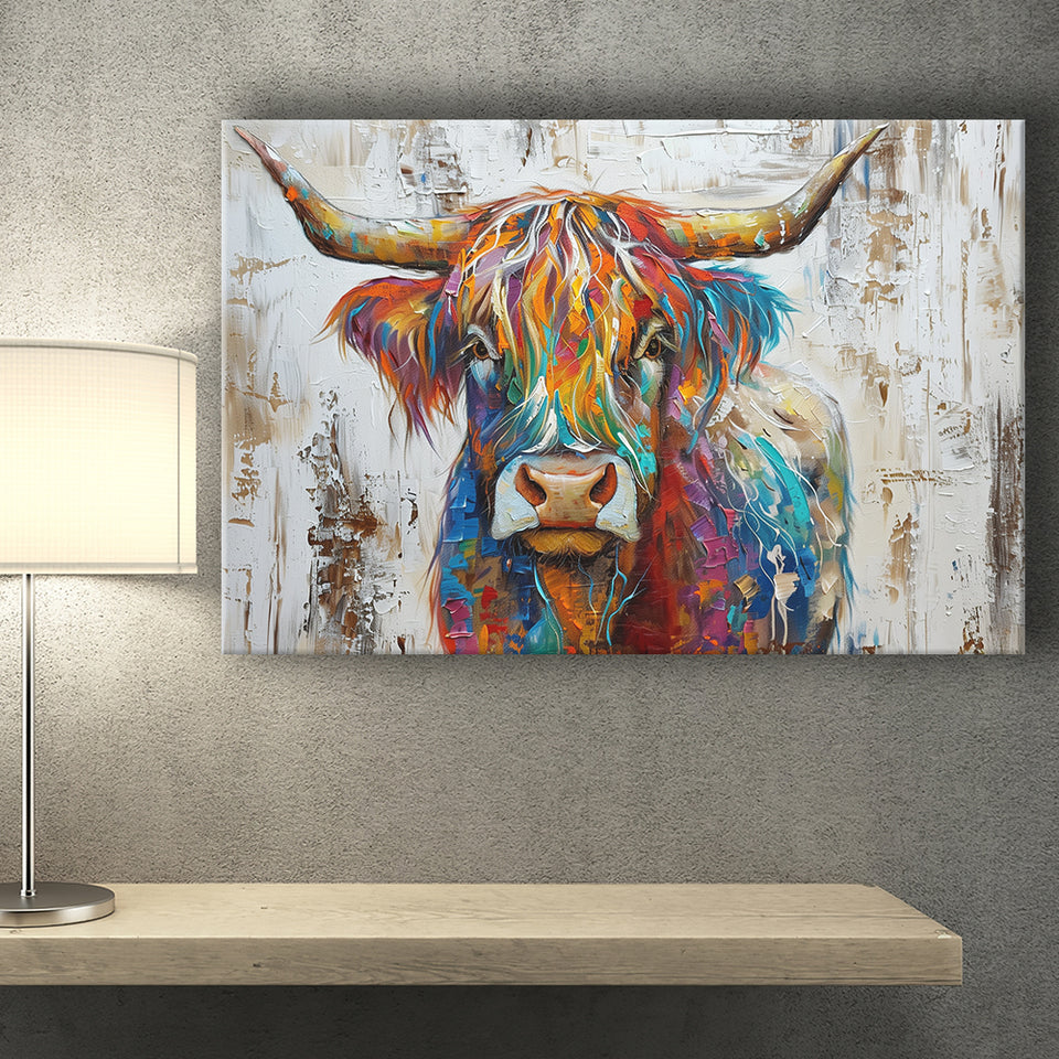 Baby Highland Cow Painted On Wood Rustic Cabin Colorful 2, Canvas Print Wall Art Decor, Landscape Art Print