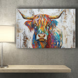 Baby Highland Cow Painted On Wood Rustic Cabin Colorful 2, Canvas Print Wall Art Decor, Landscape Art Print
