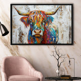 Baby Highland Cow Painted On Wood Rustic Cabin Colorful 2, Framed Canvas Print Wall Art Decor,Floating Frame