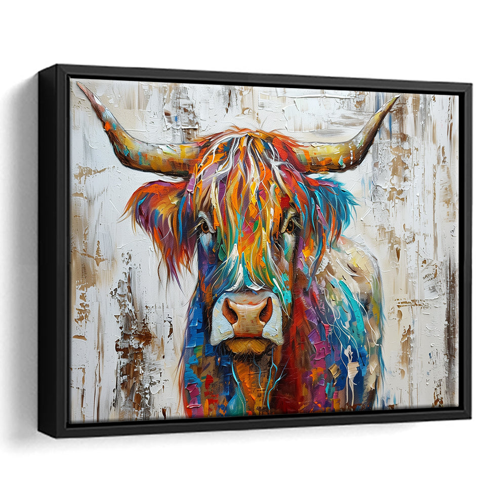 Baby Highland Cow Painted On Wood Rustic Cabin Colorful 2, Framed Canvas Print Wall Art Decor,Floating Frame