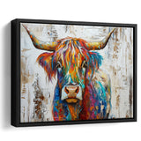Baby Highland Cow Painted On Wood Rustic Cabin Colorful 2, Framed Canvas Print Wall Art Decor,Floating Frame