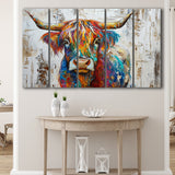 Baby Highland Cow Painted On Wood Rustic Cabin Colorful 2, Extra Large Multi 5 Panel Canvas Print Wall Art Decor