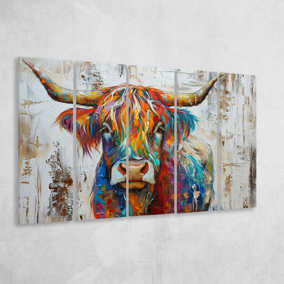 Baby Highland Cow Painted On Wood Rustic Cabin Colorful 2, Extra Large Multi 5 Panel Canvas Print Wall Art Decor