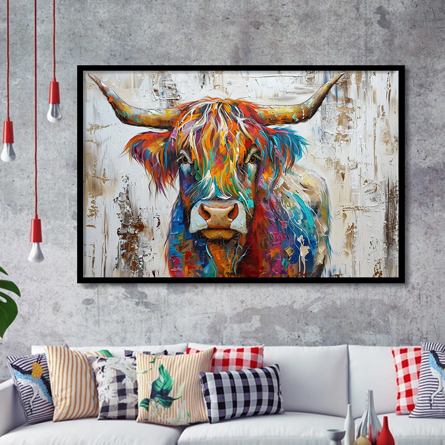 Baby Highland Cow Painted On Wood Rustic Cabin Colorful 2, Framed Art Print Wall Decor, Framed Picture