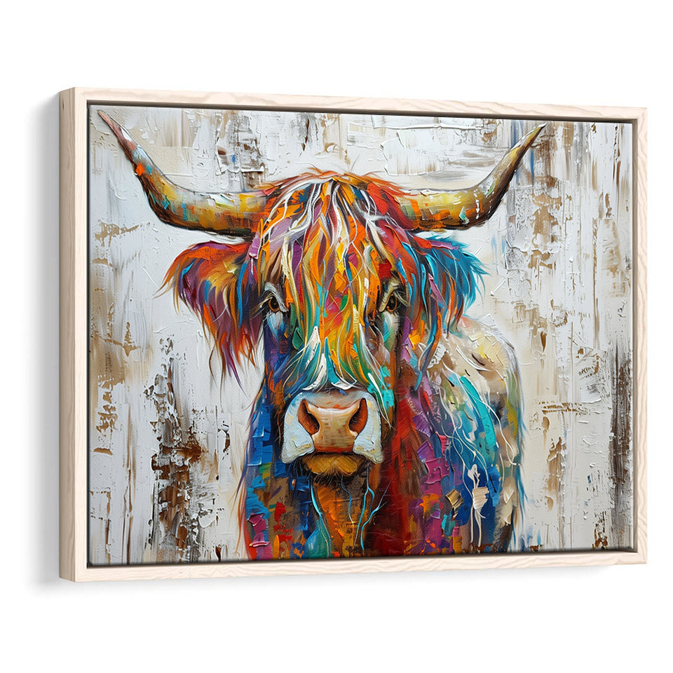 Baby Highland Cow Painted On Wood Rustic Cabin Colorful 2, Framed Canvas Print Wall Art Decor,Floating Frame